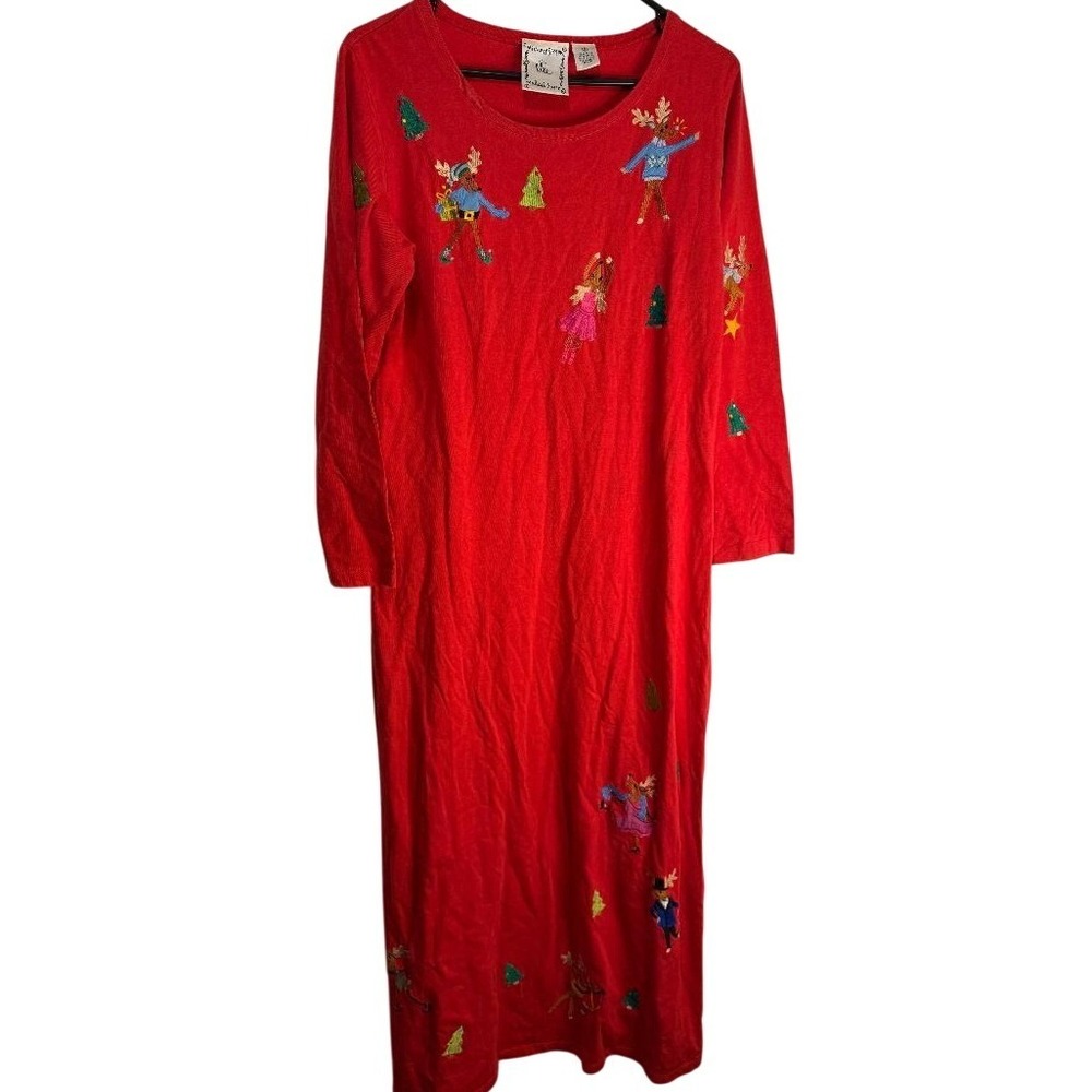 Michael Simon Lite Red Knit Maxi Dress Embroidered Reindeer Christmas Small